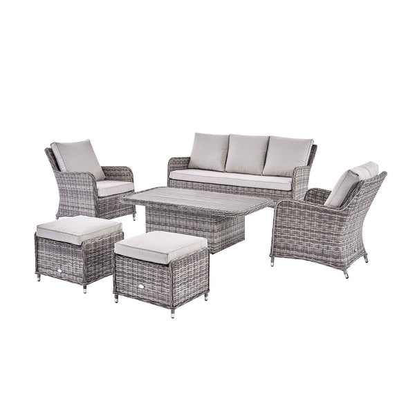 Hampshire 7-Seater Round Wicker Rattan Sofa Set with Rising Table, Light Grey