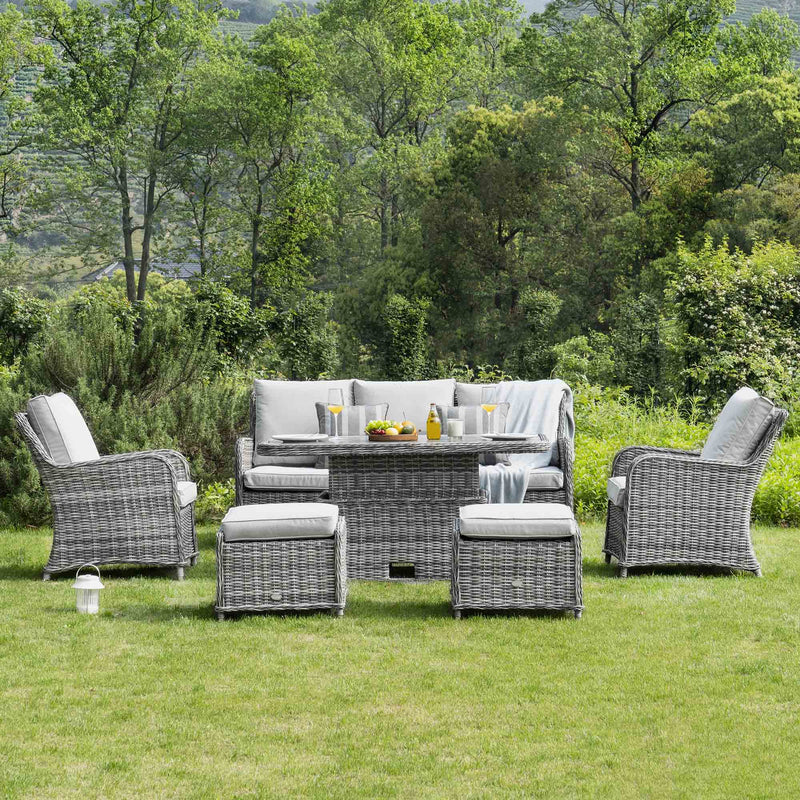 Hampshire 7-Seater Round Wicker Rattan Sofa Set with Rising Table, Light Grey