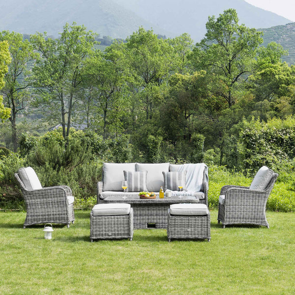 Hampshire 7-Seater Round Wicker Rattan Sofa Set with Rising Table, Light Grey