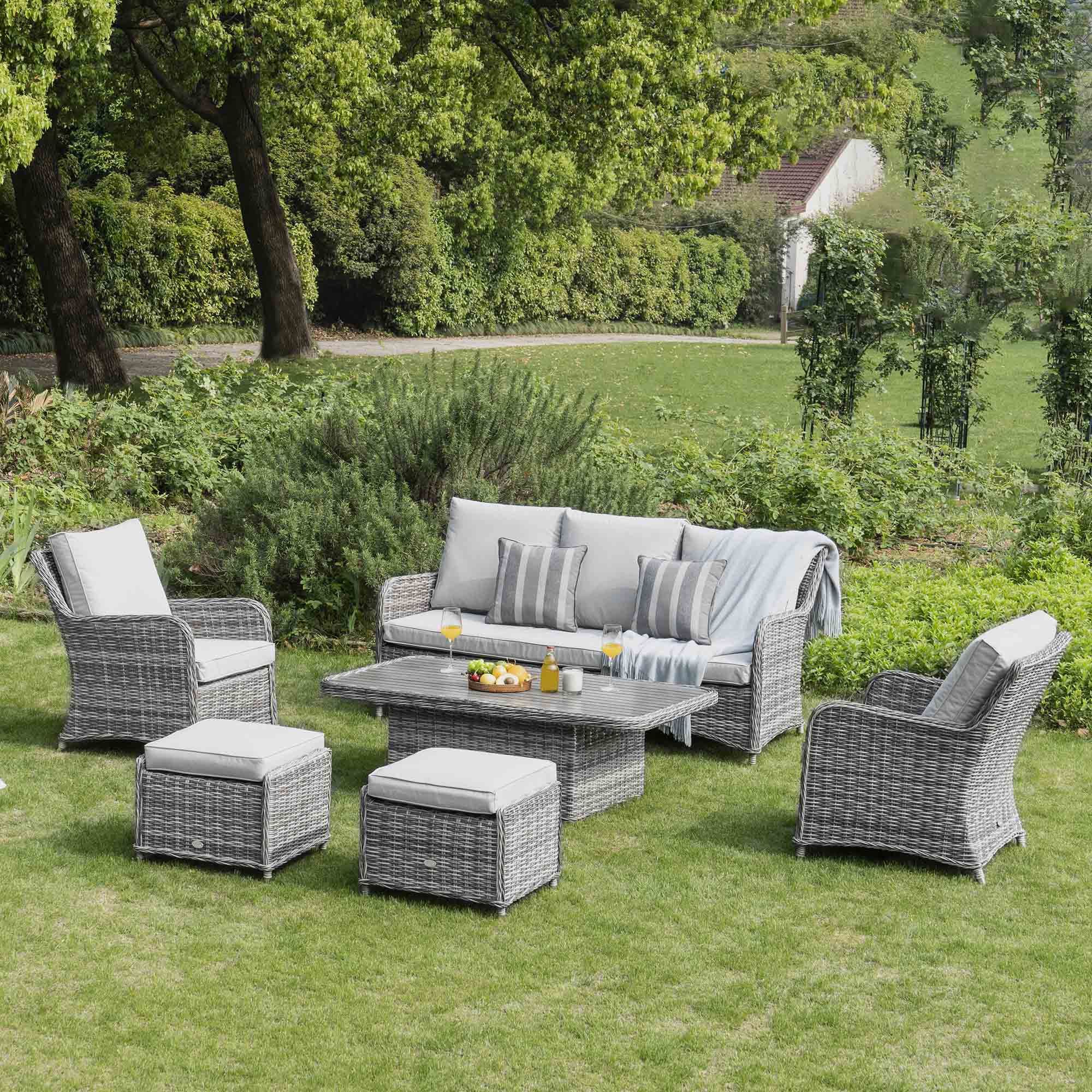 Rattan Rising Table Hampshire 7-Seater Round Wicker Rattan Sofa Set with Rising Table, Lig ...