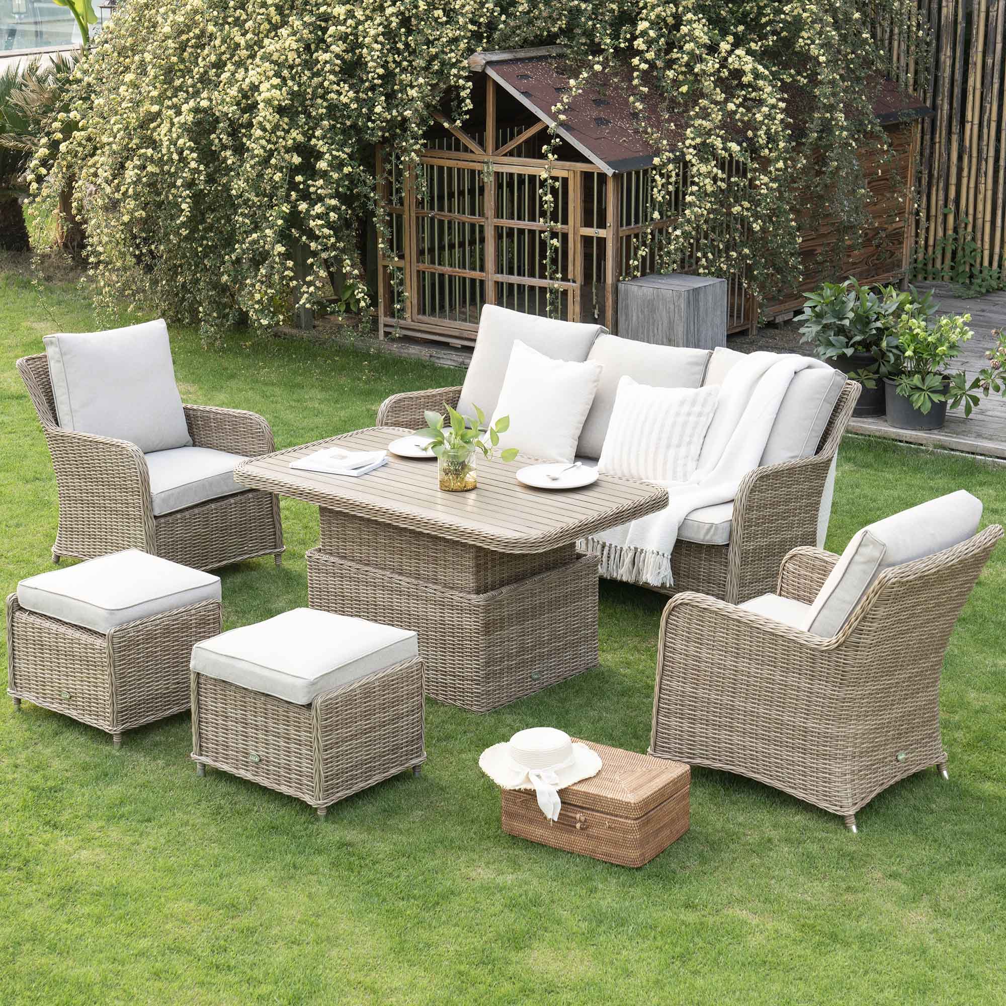 Cheap Rattan Set Hampshire 7-Seater Round Wicker Rattan Sofa Set with Rising Table, Nat ...