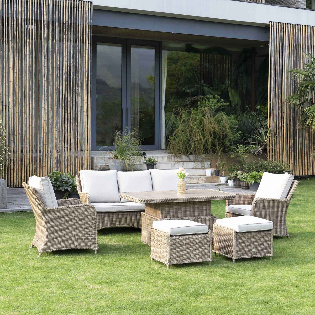 Rattan Rising Table Hampshire 7-Seater Round Wicker Rattan Sofa Set with Rising Table, Nat ...