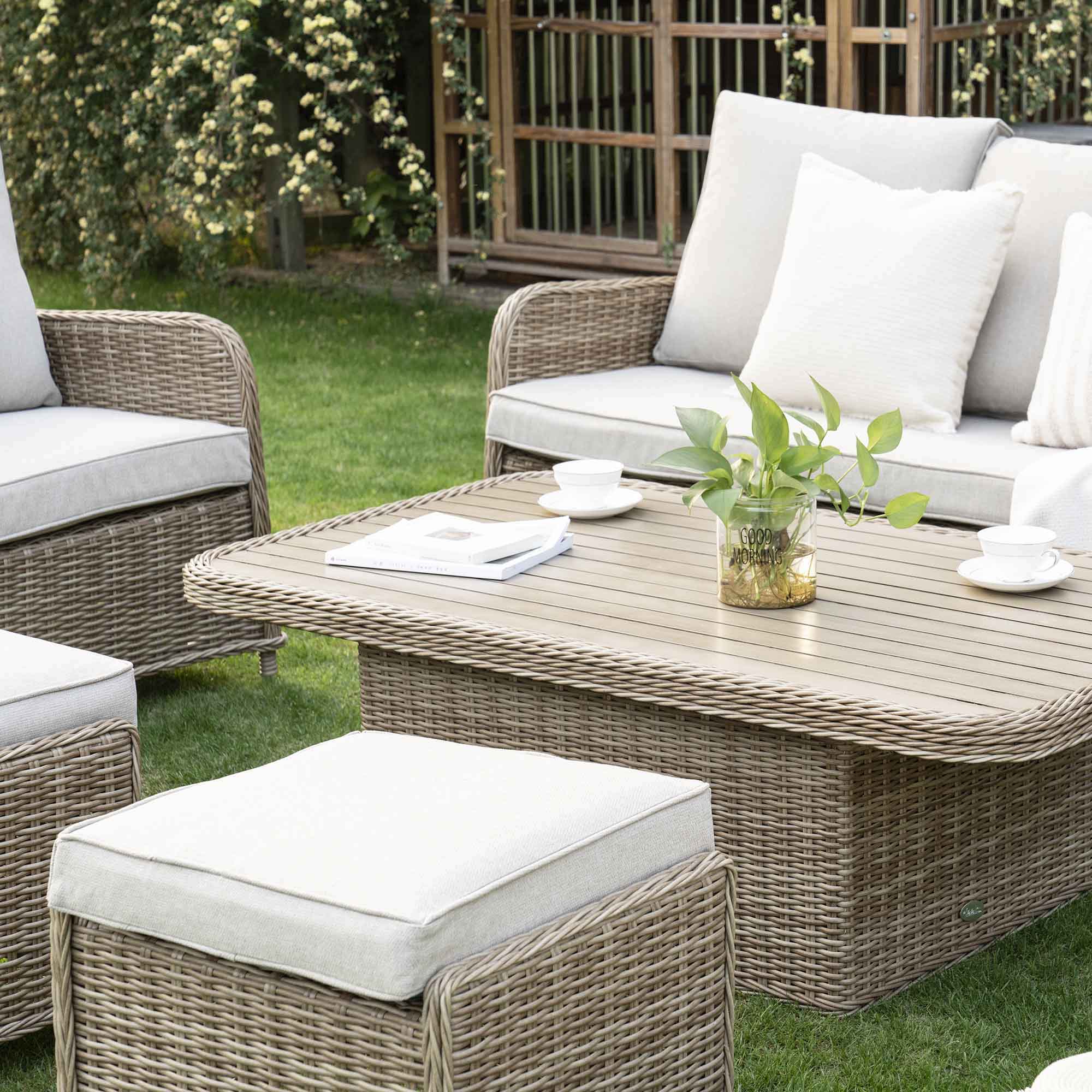 Cheap Rattan Set Hampshire 7-Seater Round Wicker Rattan Sofa Set with Rising Table, Nat ...