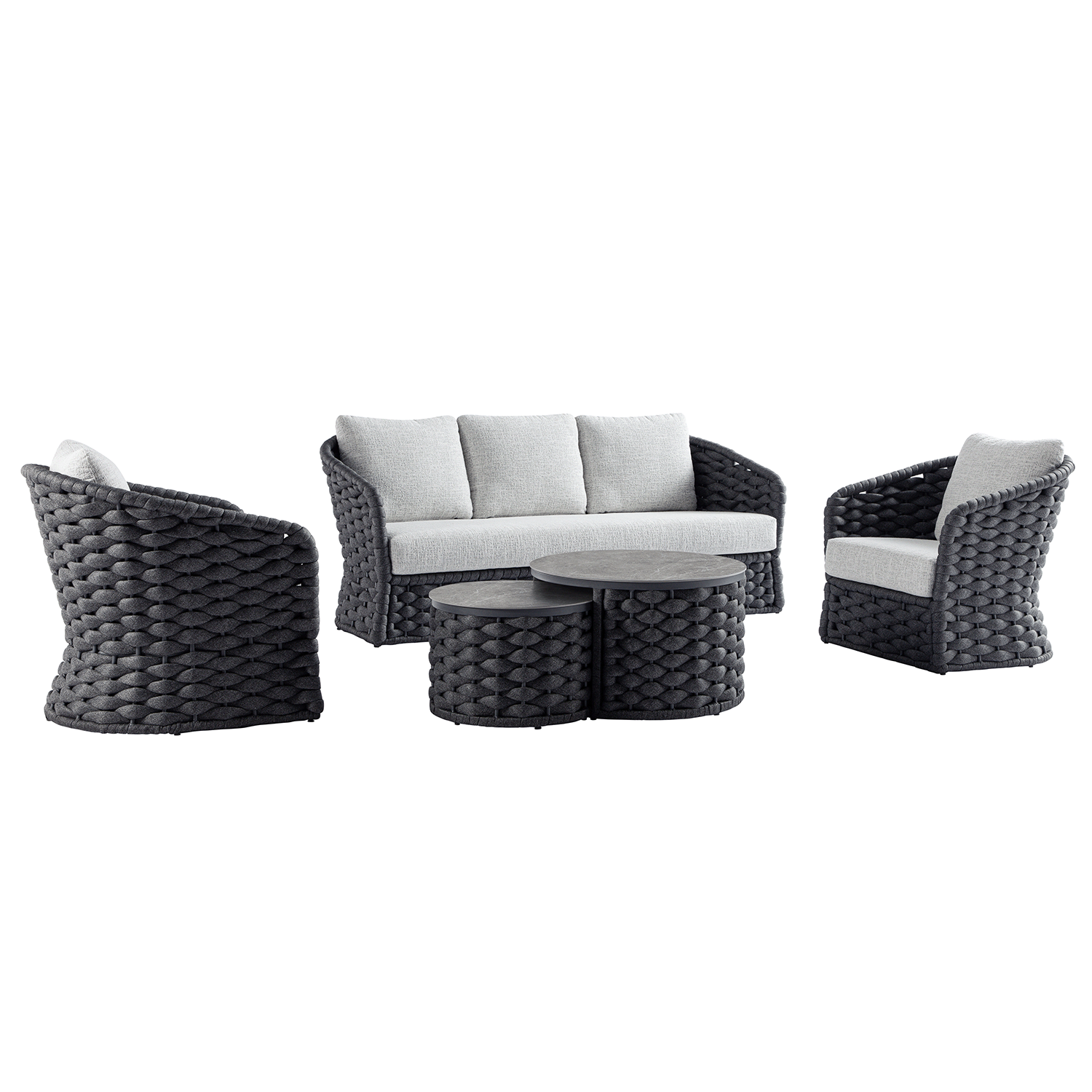 Positano Wide Rope Sofa Set with Nesting Coffee Tables, Grey