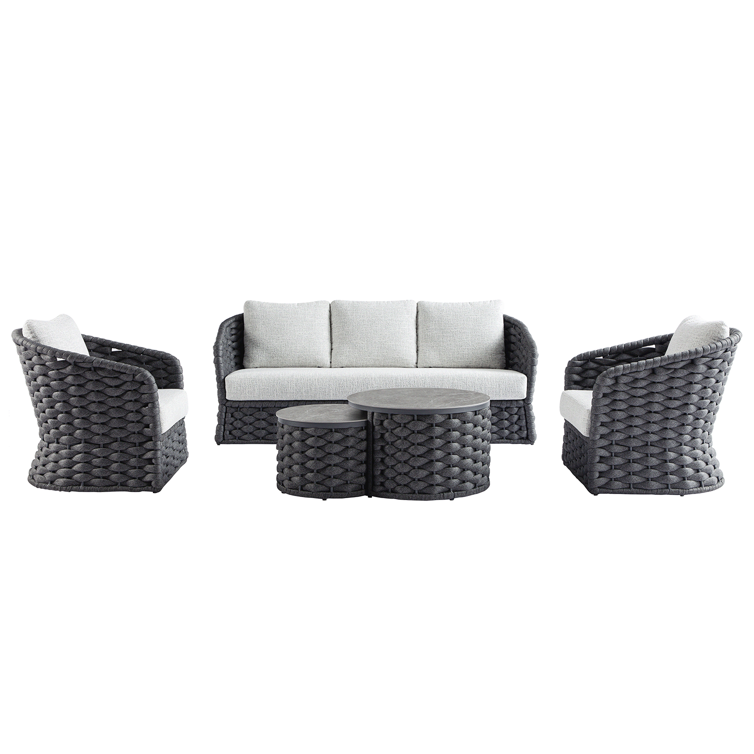 Positano Wide Rope Sofa Set with Nesting Coffee Tables, Grey