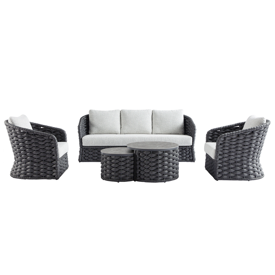 Positano Wide Rope Sofa Set with Nesting Coffee Tables, Grey