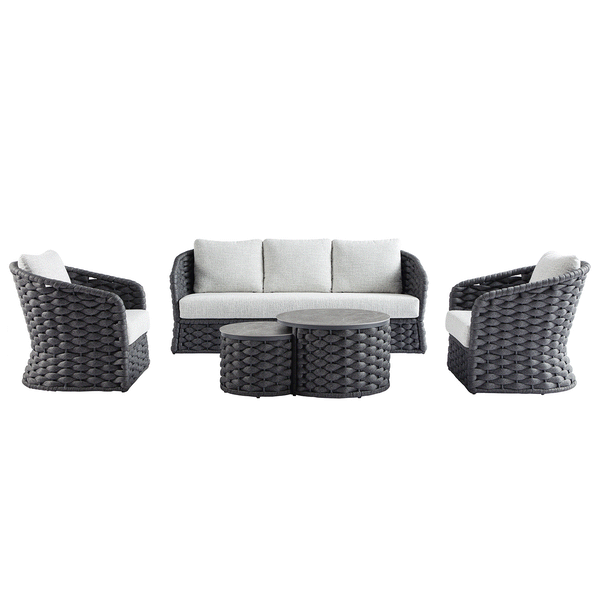 Positano Wide Rope Sofa Set with Nesting Coffee Tables, Grey
