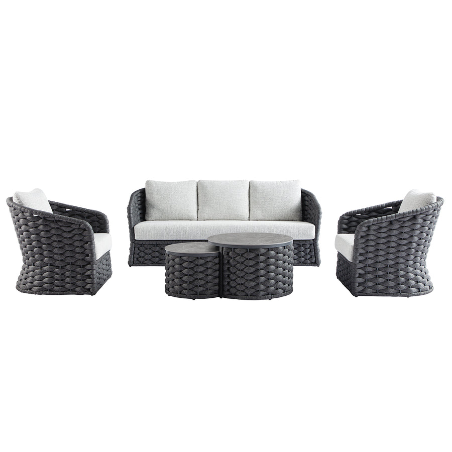 Positano Wide Rope Sofa Set with Nesting Coffee Tables, Grey