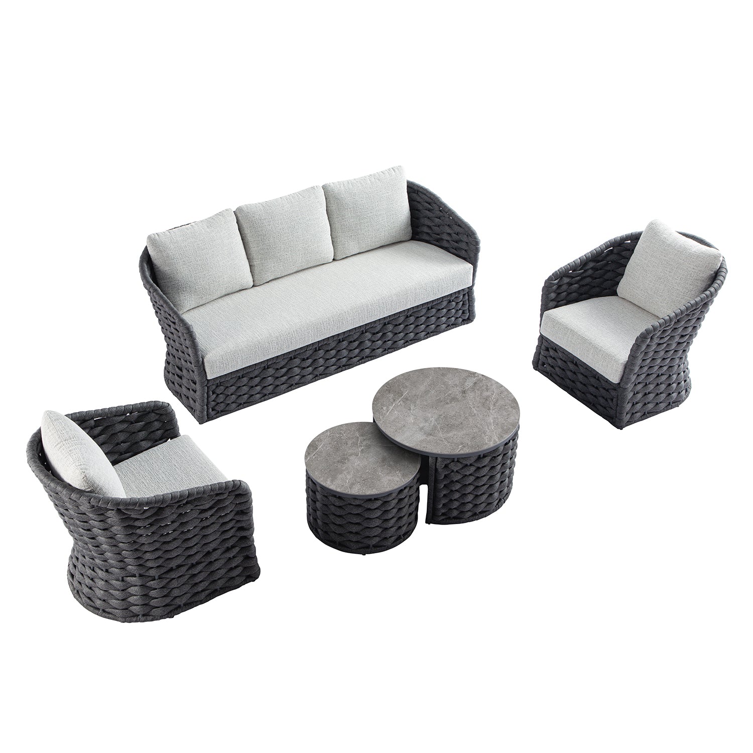 Positano Wide Rope Sofa Set with Nesting Coffee Tables, Grey