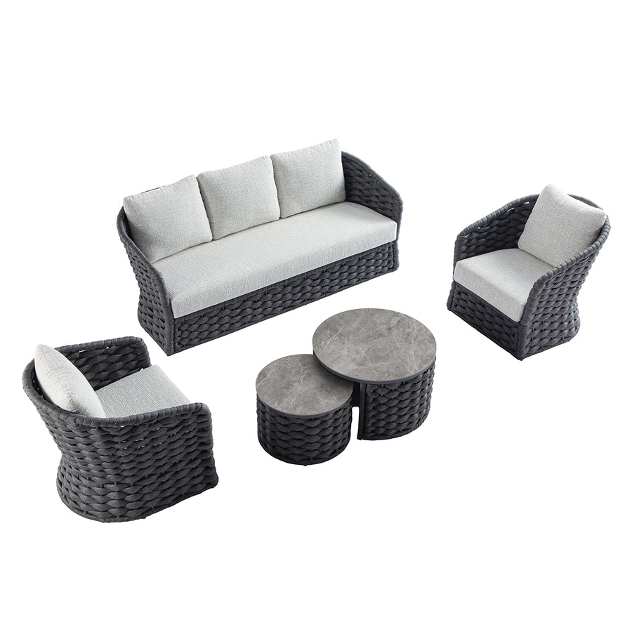 Positano Wide Rope Sofa Set with Nesting Coffee Tables, Grey