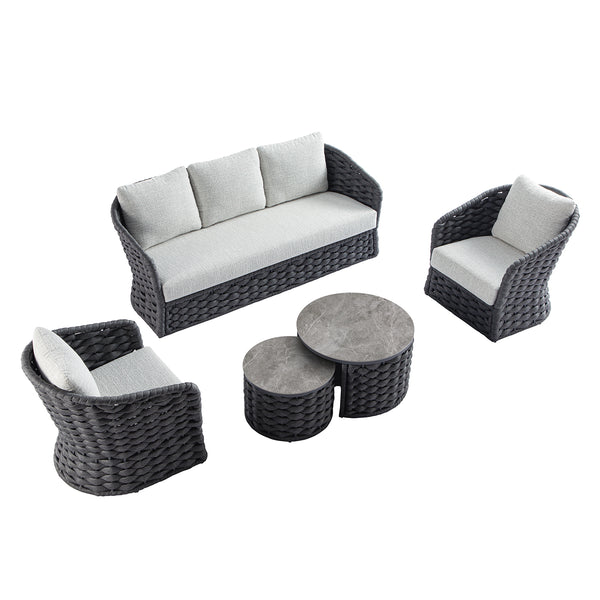 Positano Wide Rope Sofa Set with Nesting Coffee Tables, Grey - daals