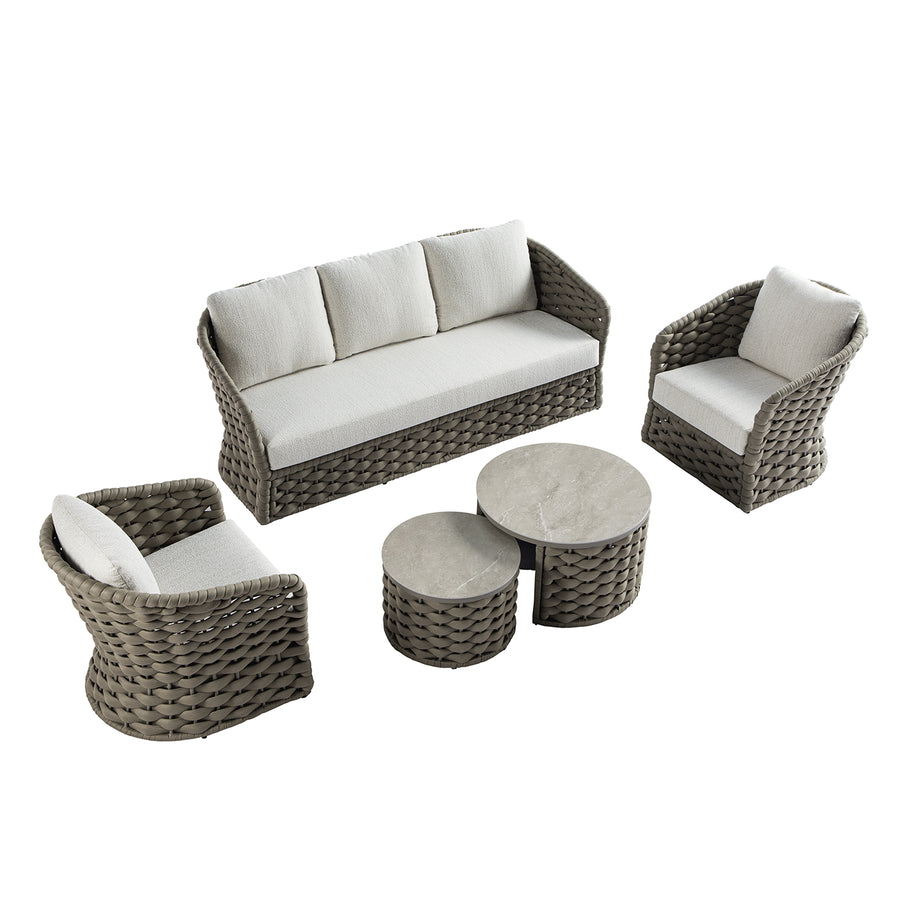 Positano Wide Rope Sofa Set with Nesting Coffee Tables, Taupe
