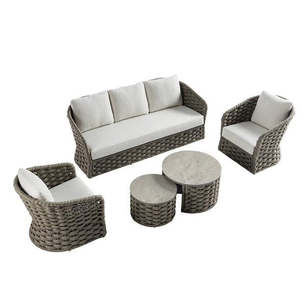 Positano Wide Rope Sofa Set with Nesting Coffee Tables, Taupe - daals