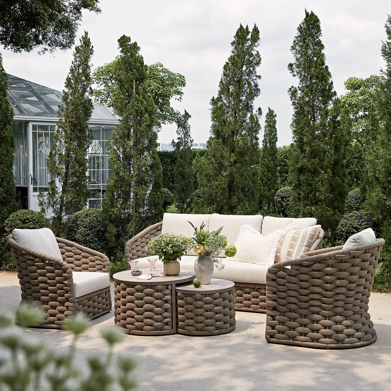 Positano Wide Rope Sofa Set with Nesting Coffee Tables, Taupe