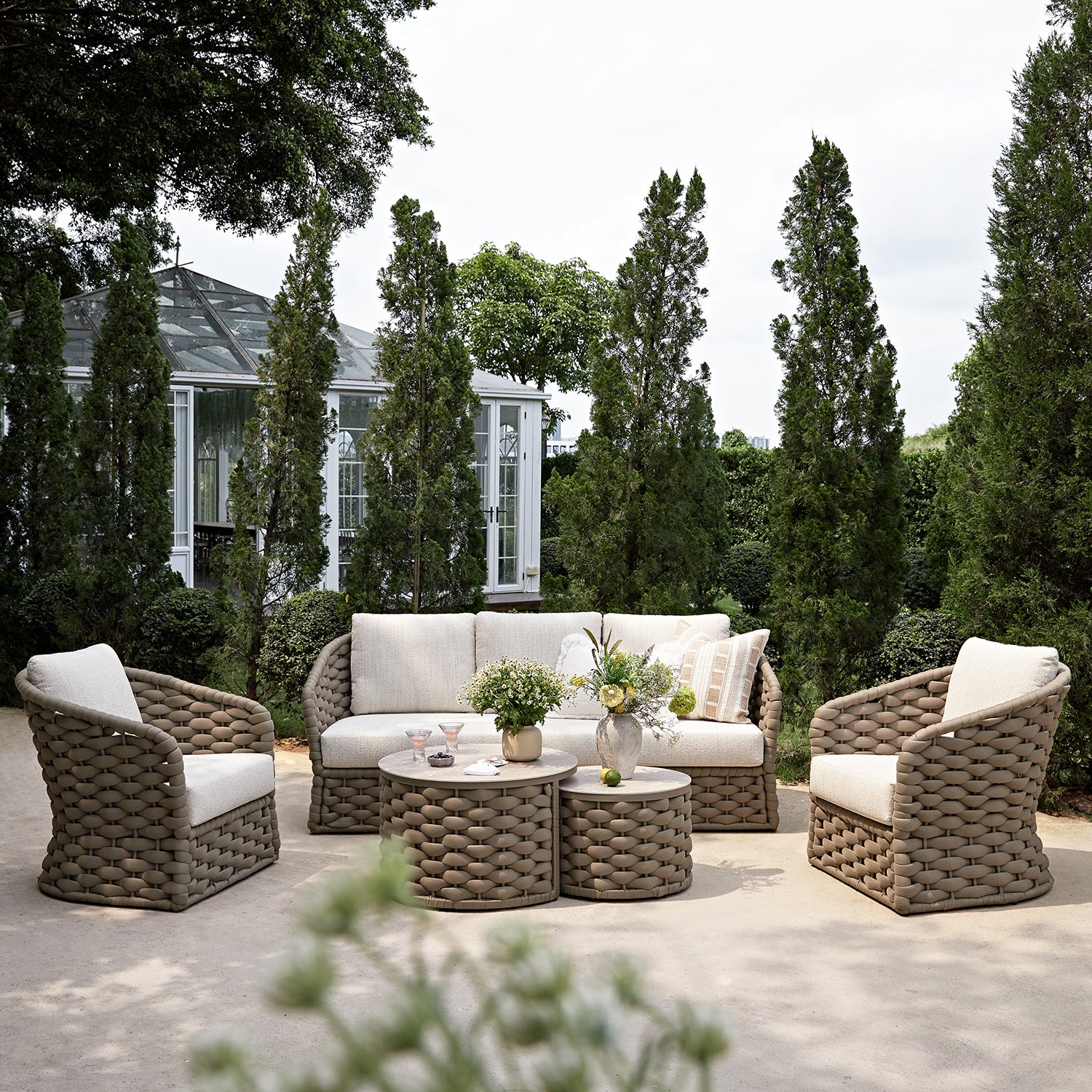 Positano Wide Rope Sofa Set with Nesting Coffee Tables, Taupe