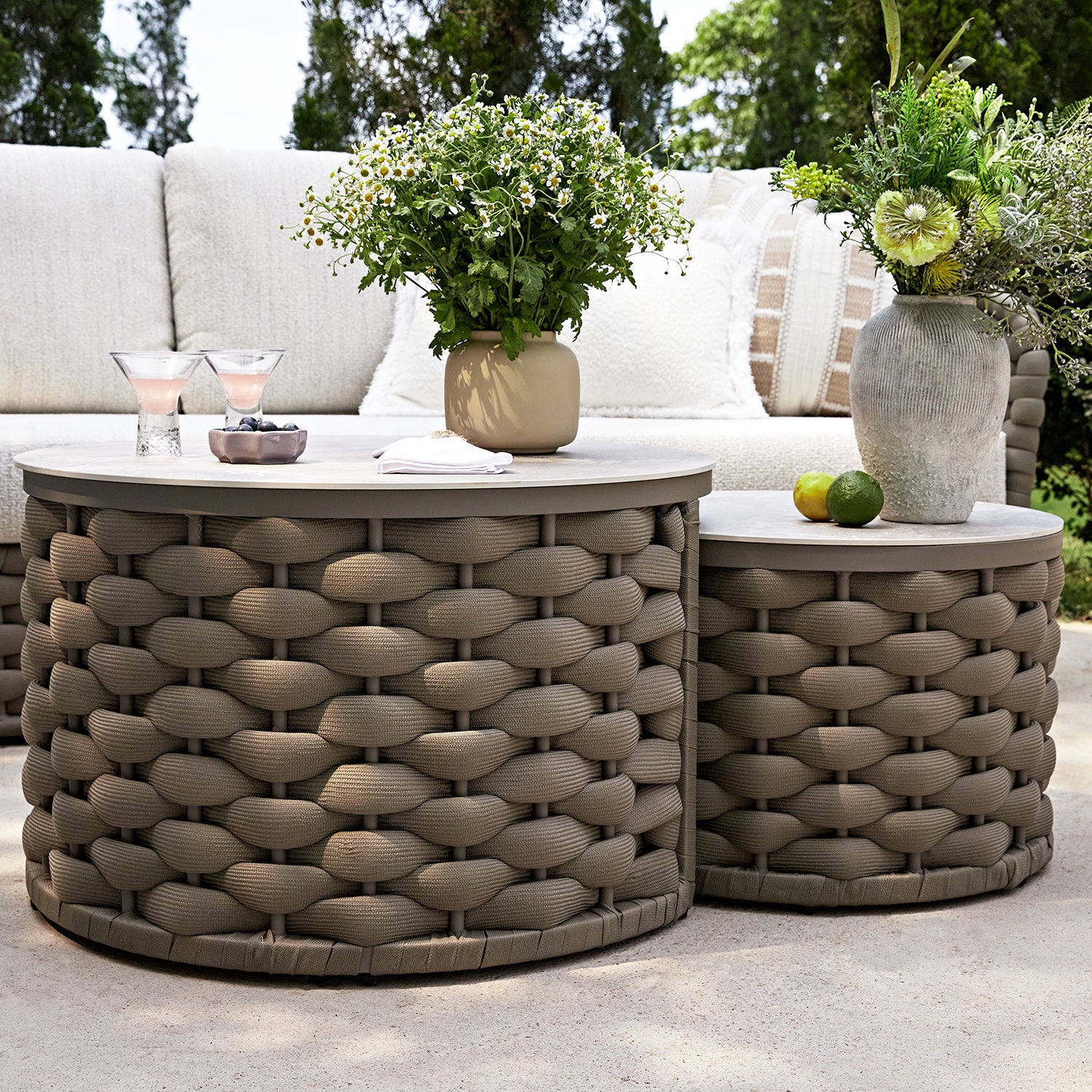 Positano Wide Rope Sofa Set with Nesting Coffee Tables, Taupe