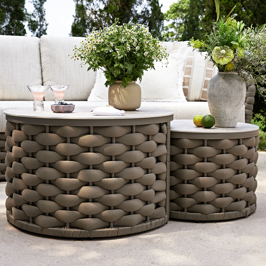 Positano Wide Rope Sofa Set with Nesting Coffee Tables, Taupe