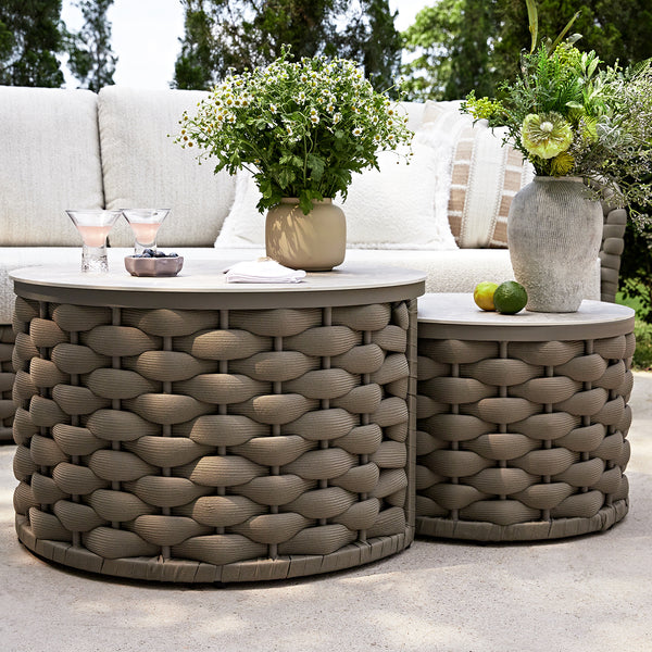Positano Wide Rope Sofa Set with Nesting Coffee Tables, Taupe - daals