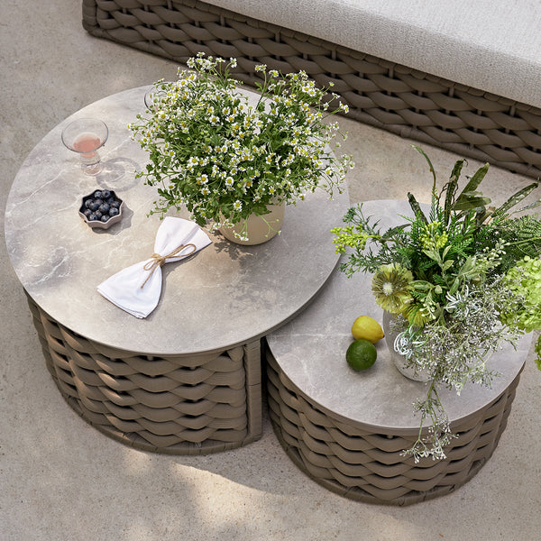 Positano Wide Rope Sofa Set with Nesting Coffee Tables, Taupe - daals