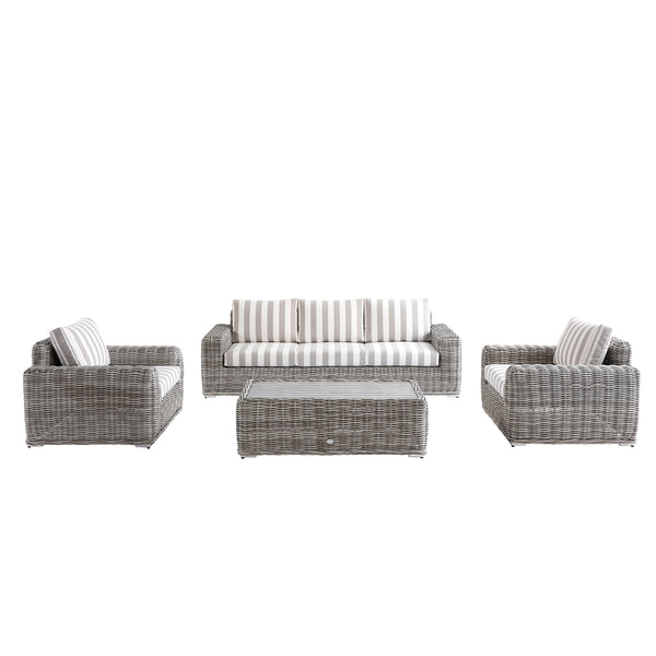 Bellagio Round Wicker Sofa Set with Coffee Table, Light Grey with Taupe Stripes - daals