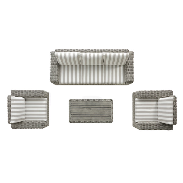 Bellagio Round Wicker Sofa Set with Coffee Table, Light Grey with Taupe Stripes