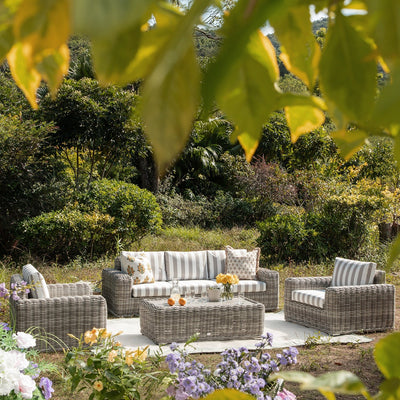 Bellagio Round Wicker Sofa Set with Coffee Table, Light Grey with Taupe Stripes