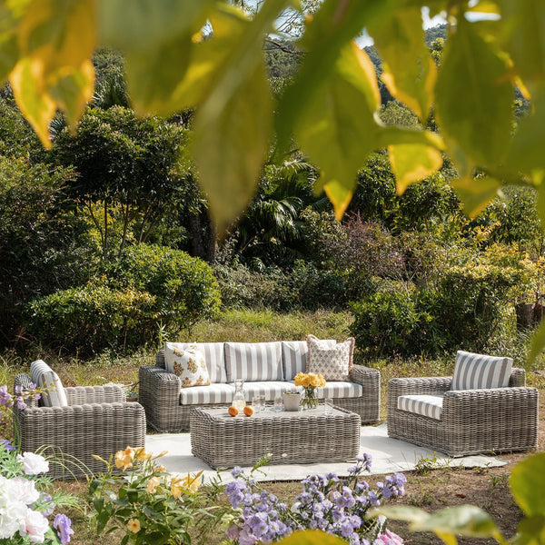 Bellagio Round Wicker Sofa Set with Coffee Table, Light Grey with Taupe Stripes - daals