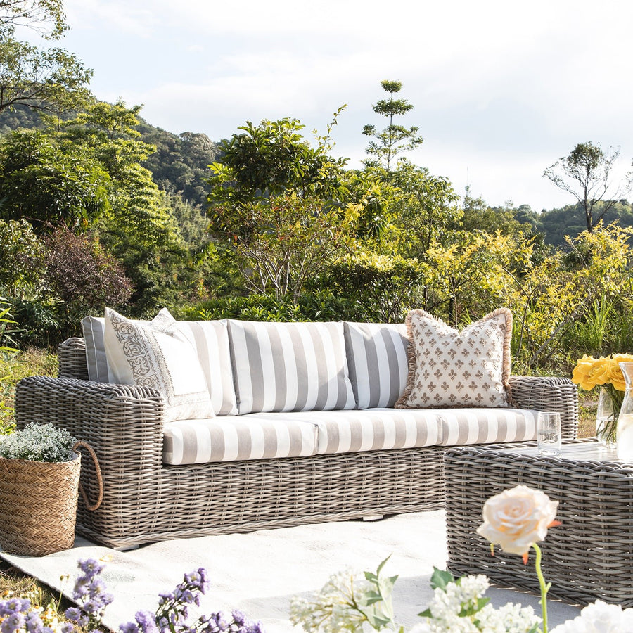 Bellagio Round Wicker Sofa Set with Coffee Table, Light Grey with Taupe Stripes