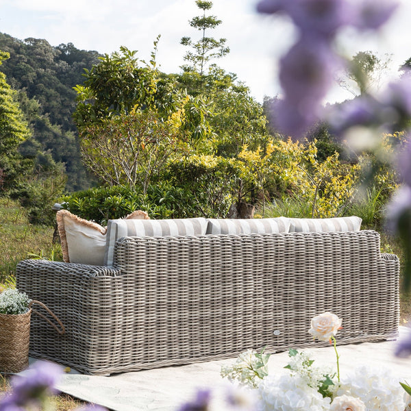 Bellagio Round Wicker Sofa Set with Coffee Table, Light Grey with Taupe Stripes - daals