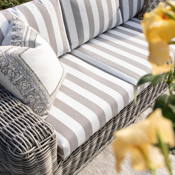 Bellagio Round Wicker Sofa Set with Coffee Table, Light Grey with Taupe Stripes - daals