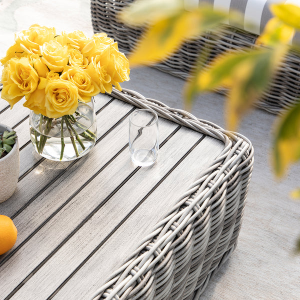 Bellagio Round Wicker Sofa Set with Coffee Table, Light Grey with Taupe Stripes - daals