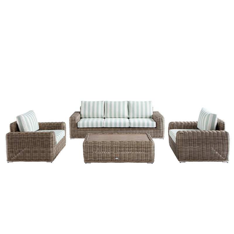 Bellagio Round Wicker Sofa Set with Coffee Table, Natural with Sage Stripes - daals