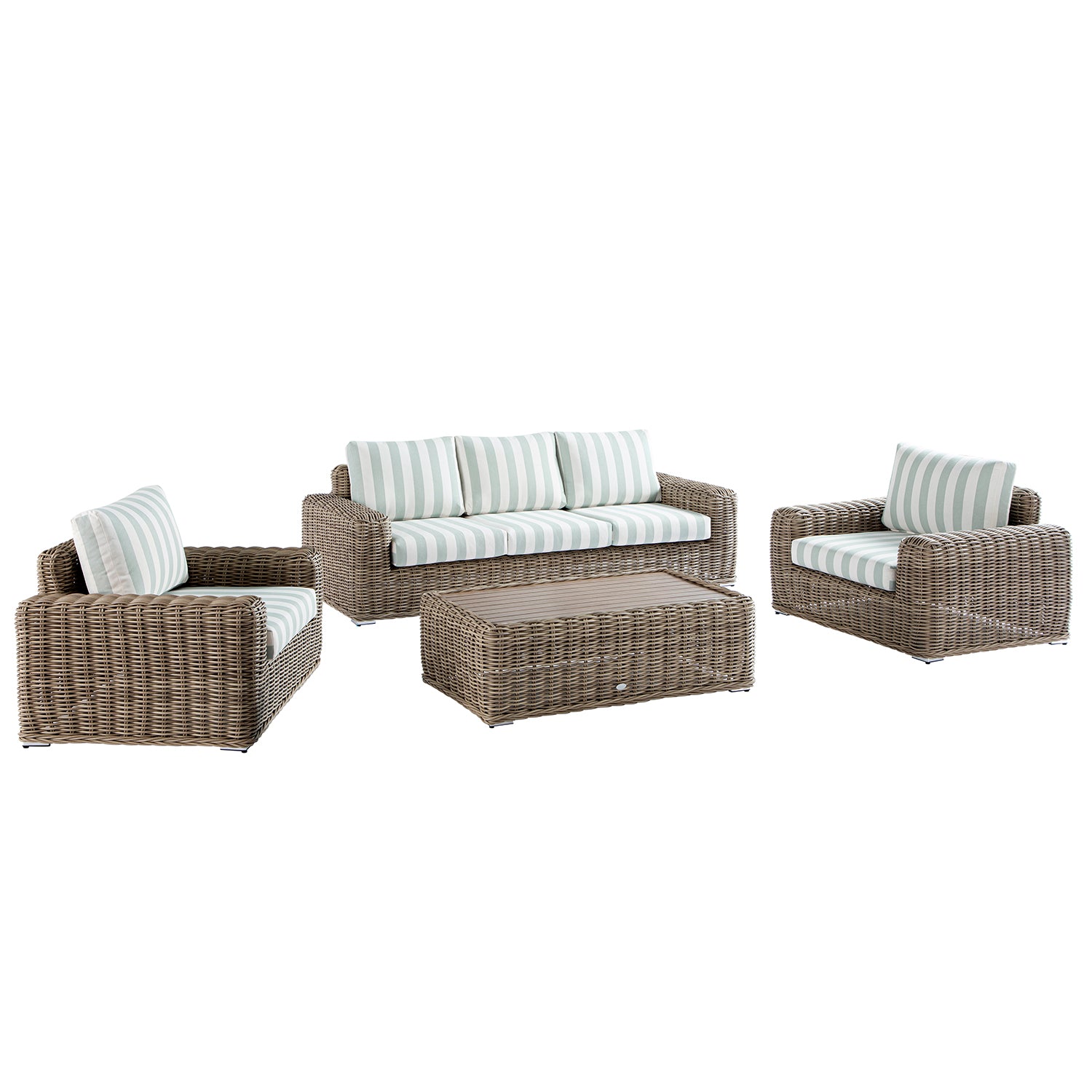 Bellagio Round Wicker Sofa Set with Coffee Table, Natural with Sage Stripes