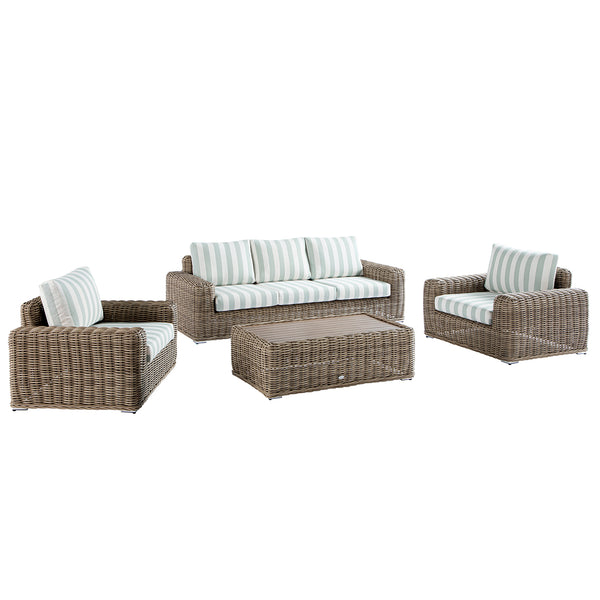Bellagio Round Wicker Sofa Set with Coffee Table, Natural with Sage Stripes - daals