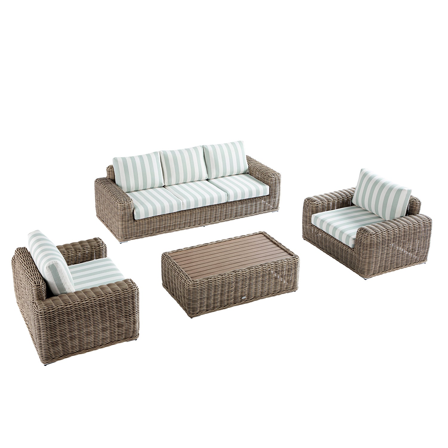 Bellagio Round Wicker Sofa Set with Coffee Table, Natural with Sage Stripes