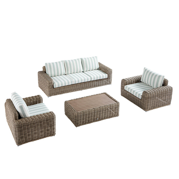 Bellagio Round Wicker Sofa Set with Coffee Table, Natural with Sage Stripes - daals
