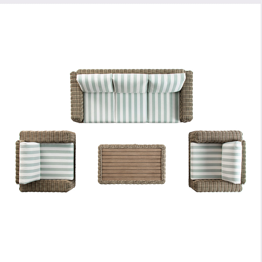 Bellagio Round Wicker Sofa Set with Coffee Table, Natural with Sage Stripes