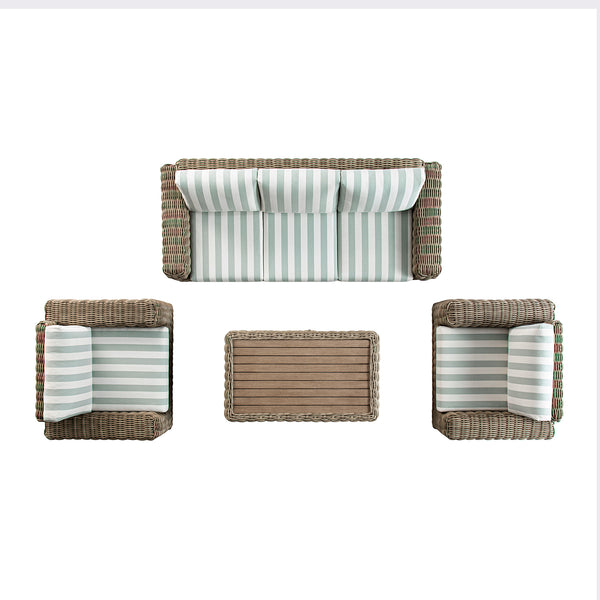 Bellagio Round Wicker Sofa Set with Coffee Table, Natural with Sage Stripes - daals
