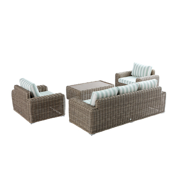 Bellagio Round Wicker Sofa Set with Coffee Table, Natural with Sage Stripes - daals