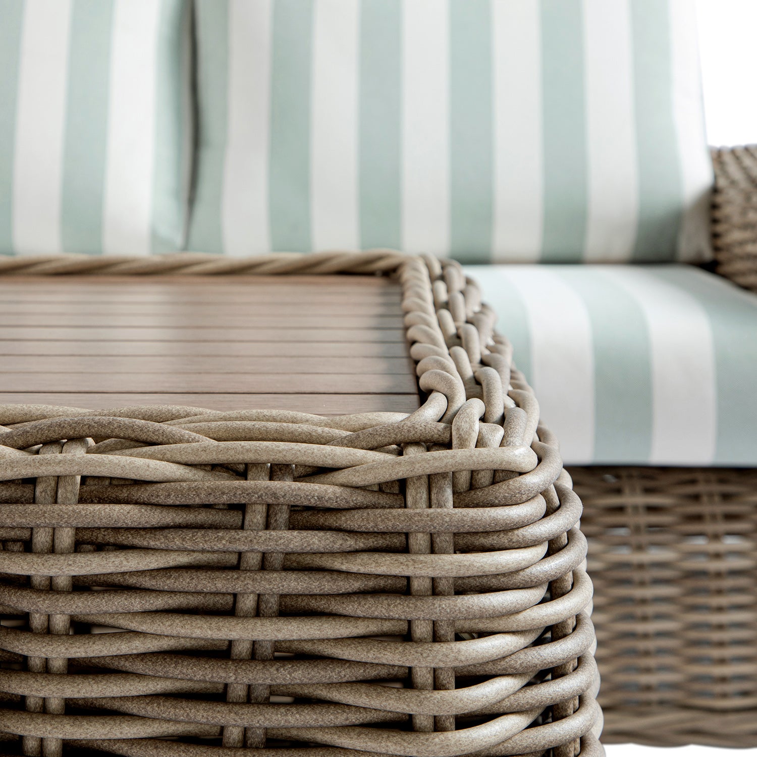 Bellagio Round Wicker Sofa Set with Coffee Table, Natural with Sage Stripes