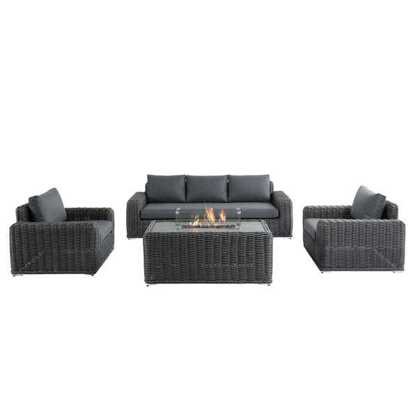 Bellagio Round Wicker Sofa Set with Firepit Coffee Table, Dark Grey