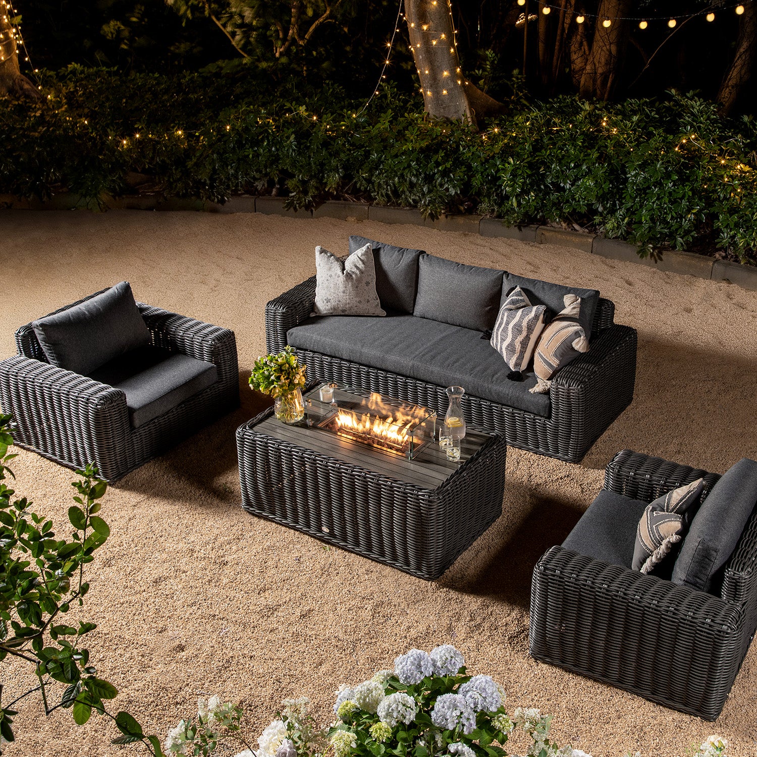 Bellagio Round Wicker Sofa Set with Firepit Coffee Table, Dark Grey