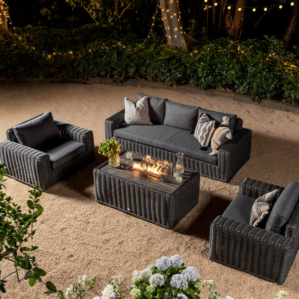 Bellagio Round Wicker Sofa Set with Firepit Coffee Table, Dark Grey