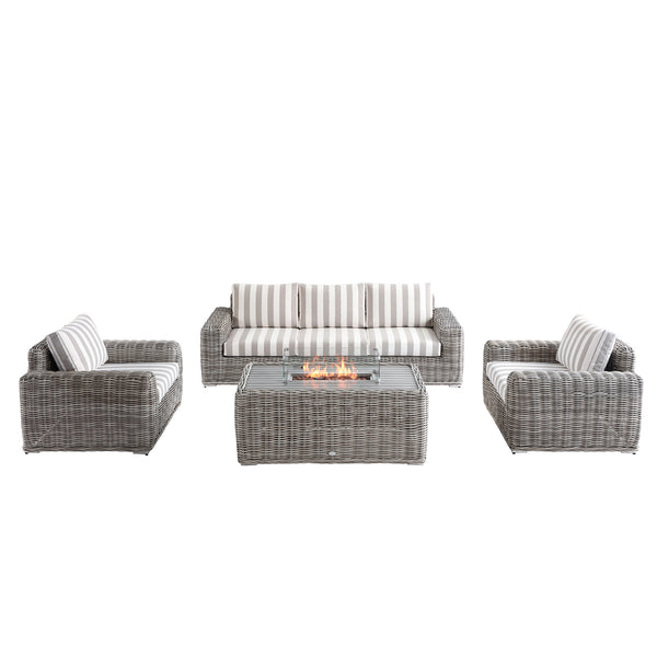 Bellagio Round Wicker Sofa Set with Firepit Coffee Table, Light Grey with Taupe Stripe - daals