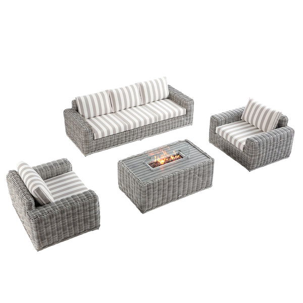 Bellagio Round Wicker Sofa Set with Firepit Coffee Table, Light Grey with Taupe Stripe