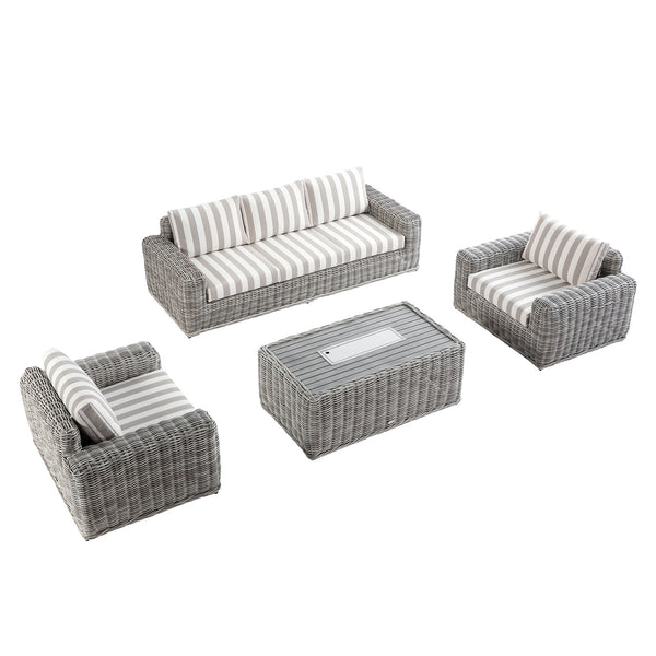 Bellagio Round Wicker Sofa Set with Firepit Coffee Table, Light Grey with Taupe Stripe
