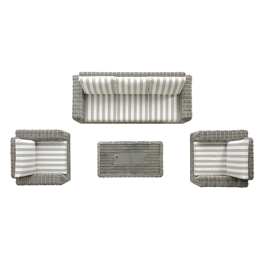 Bellagio Round Wicker Sofa Set with Firepit Coffee Table, Light Grey with Taupe Stripe