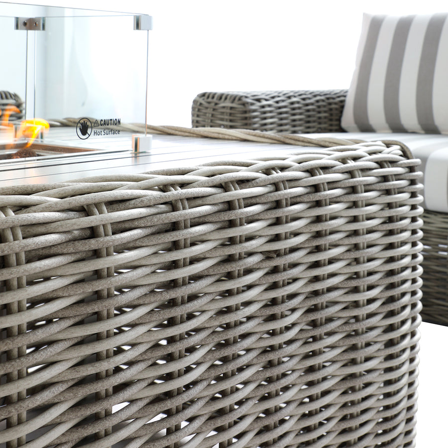 Bellagio Round Wicker Sofa Set with Firepit Coffee Table, Light Grey with Taupe Stripe