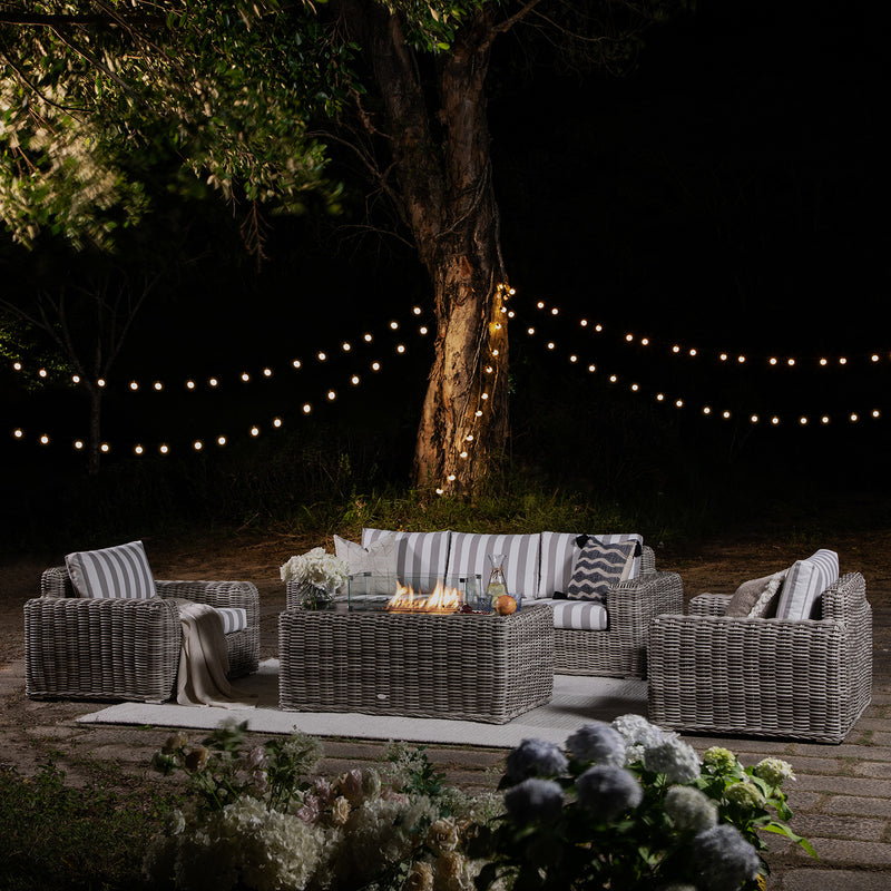 Bellagio Round Wicker Sofa Set with Firepit Coffee Table, Light Grey with Taupe Stripe - daals