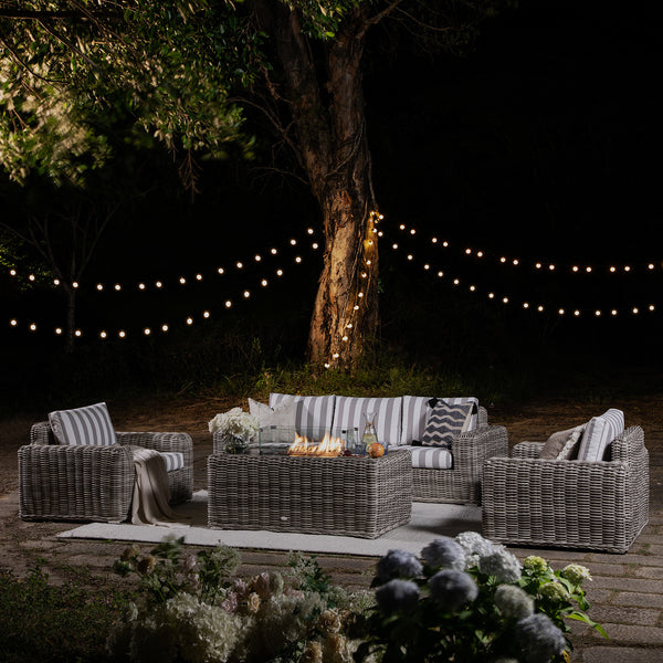 Bellagio Round Wicker Sofa Set with Firepit Coffee Table, Light Grey with Taupe Stripe - daals